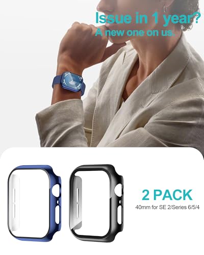Smiling 2 Pack Case Built in Tempered Glass Screen Protector Compatible with Apple Watch SE 2 (2024)/SE/Series 6/Series 5/Series 4 44mm, Hard PC Case Overall Protective Cover-1 Black + 1 Blue - color: Black + Blue, size: 44mm