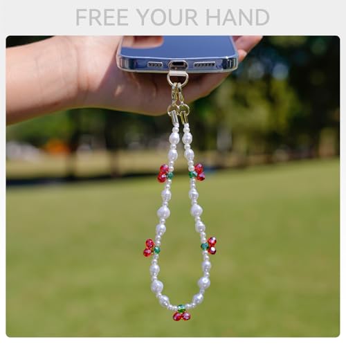 Phone Charm Wrist Strap Pearl Beaded Chain Detachable Lanyard Hand Wristlet Fashion Accessories Finger Grip Anti-drop with 3 Tether Tab for Women Girl Universal for iPhone 16 Pro Max 15 Sweet Cherries - color: Pearl Cherries