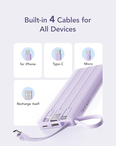 VRURC Portable Charger,4 Built -in Cables Power Bank 10000mAh,Flight-Safe - color: Lavender