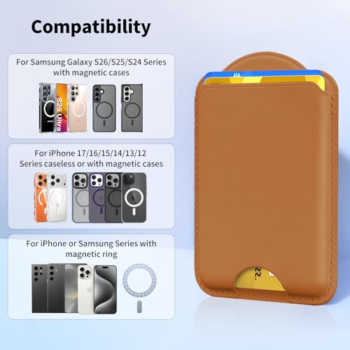 Magnetic Wallet for Samsung Galaxy S26 S25 S24 Series, Fold 8 Ultra with Magsafe Case, for iPhone 17-12 Series, RFID Blocking Leather Magnetic Card Holder | Holds 3 Cards | Brown - color: Brown