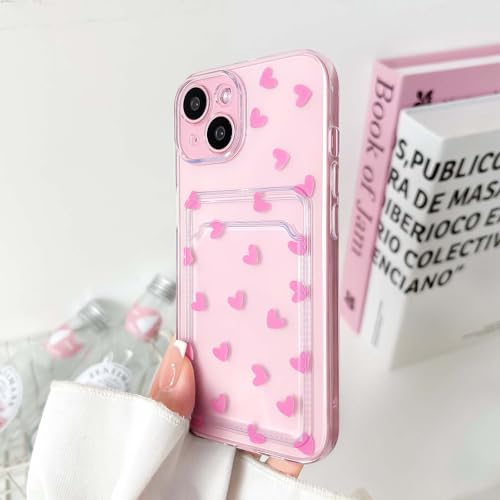 NITITOP Compatible with iPhone 15 Case Clear with Card Holder Cute Pink Love Heart Pattern Design Design Soft TPU Shock-Absorbing Wallet Case Protective Cover - Pink - color: Pink, size: iPhone 15