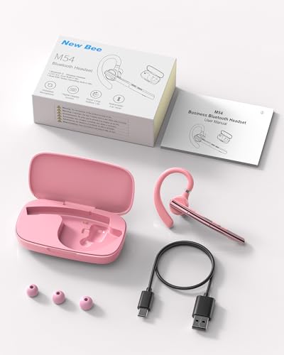 New Bee Bluetooth Headset V5.1 72H Talk Time Dual Mic with Mute Button for Business, Wireless Hand-Free Bluetooth Earpiece with 500mAh Charging Case for Cell Phone Calls Trucker Driver Laptop - color: Pink