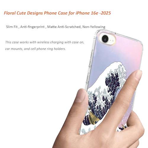 for iPhone 17e & 16e Case: Slim Clear Matte Cute Flowers Floral Design for Girls Women Military Grade Drop Protection TPU Bumper Shockproof Silicone Phone Cover (Great Wave) - color: Great Wave