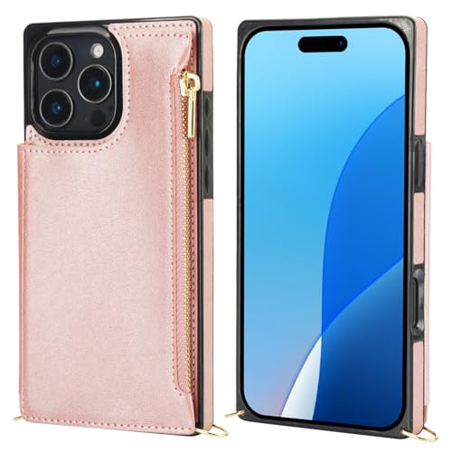 Bocasal Crossbody Wallet Case with Strap for iPhone 16 Pro Max, Rose Gold | RFID Blocking Card Slot Holder, Magnetic Flip Folio Purse Case, PU Leather Zipper Handbag Detachable Lanyard Strap 6.9 Inch - color: Rose Gold