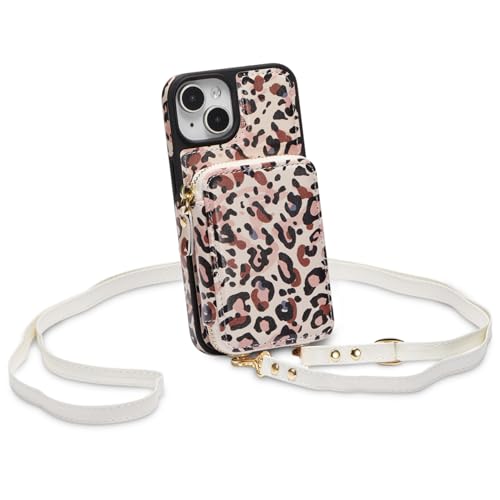 ZCDAYE Zipper Crossbody Wallet Case for iPhone 13/14, Leopard Print | Flip Folio PU Leather, Practical Card Holder, Adjustable Lanyard Strap, RFID Blocking, Retro Leopard Girly Phone Case - color: Leopard print, size: iPhone 13/14