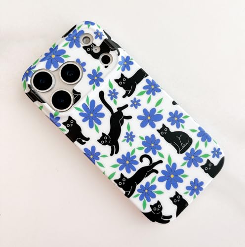 Qokey Compatible for iPhone 17 Pro Max Case 6.9", Black Cats on Garden, Frosted Texture Fingerprint-Resistant Floral Shockproof Phone Cover for Women Girls, Purple Blue Flower - color: Black Cats Purple Blue Flower