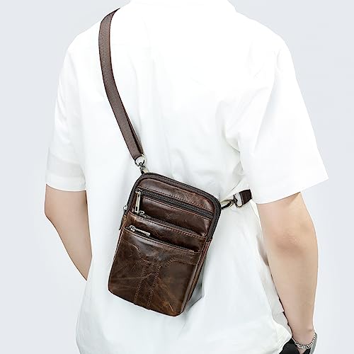 Cell Phone Shoulder Bag Leather Men, Waterproof Phone Waist Bag Messenger Bag Crossbody Purse with Belt Loop Wallet Case - color: Oil Coffee