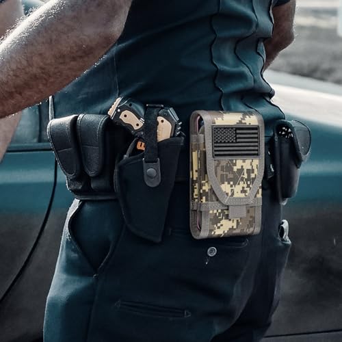Double Capacity Phone Holster, Tactical Molle Belt Pouch with Flag Patch for iPhone 17 Pro Max/16 Pro Max/16Pro/15ProMax/14 Pro Max/13 Pro Max, Samsung S25, Size Large Extra Stiffness - color: Gray Camo