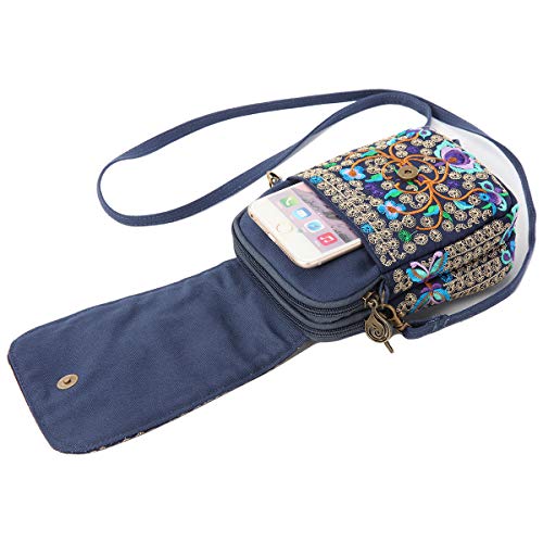 SILKAREA Embroidered Cute Mini Crossbody Bag for Women Small Handbags Wristlet Wallet Bag Cell-phone Pouch Coin Purse - color: Blue + Flower-small