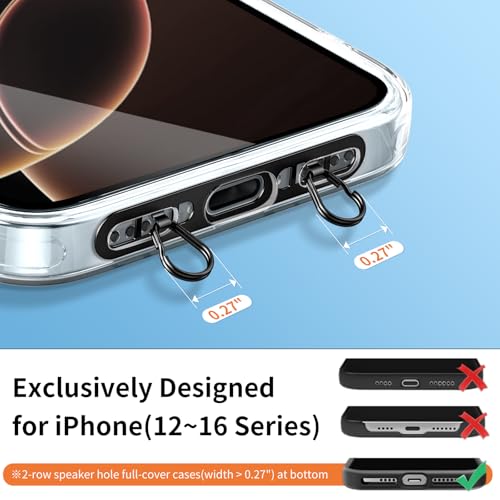 saxsion Phone Lanyard Tab, 2-Ring Metal Tether Tab for iPhone - Ultra-Thin Stainless Steel Cell Phone Lanyard Patch, No Block Charging Port, Anti-Loss Strap Attachment (Champagne Gold+black) - color: Champagne Gold+black