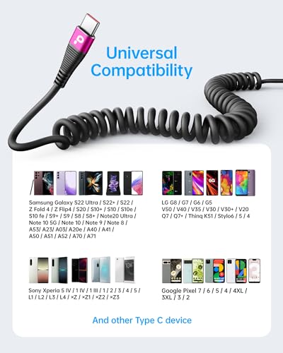 Coiled USB A to USB C Cable for Car, 3FT/5FT USB C Cable Fast Charging - color: Rose Red, size: 3FT/5FT, style: USB A to USB C
