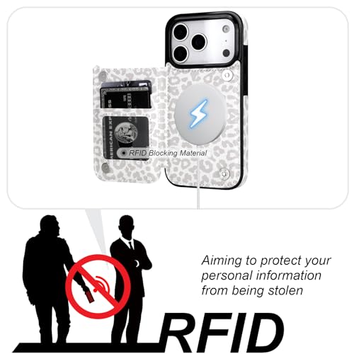 HAOPINSH Wallet Case for iPhone 17 Pro, Compatible with MagSafe Wireless Charging, White Leopard Cheetah Pattern Back Flip Folio Leather Kickstand Card Slots Case Double Magnetic Clasp Cover 6.3" - color: White Leopard for MagSafe