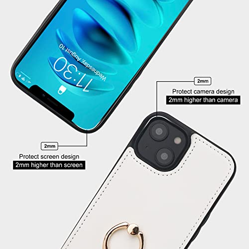 Folosu Compatible with iPhone 14 Plus Case Wallet with Card Holder, 360°Rotation Finger Ring Holder Kickstand, RFID Blocking Leather Protective Double Buttons Shockproof Cover 6.7 Inch White - color: White, size: iPhone 14 Plus