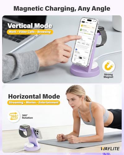 3 in 1 Fast Charging Station for iPhone, 25W Wireless Magnetic Phone Charger for iPhone 17 16e 16 15 14 13 12 Serise, Watch Charger Stand, Wireless Charging Station for AirPods 4 3 Pro, Purple - color: Purple