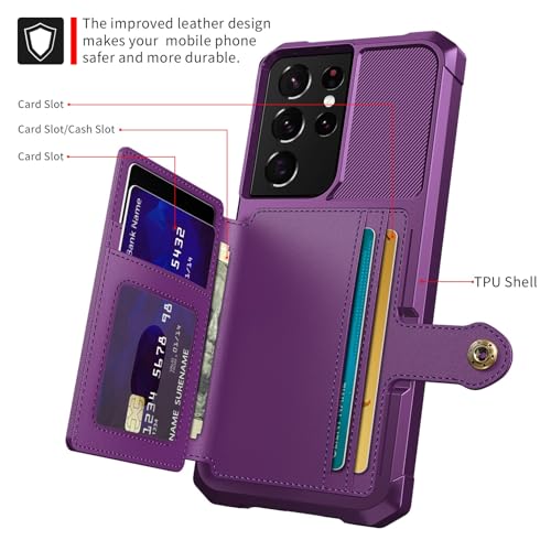 Wallet Case for Samsung Galaxy S21 Ultra, Compatible with Magnetic Car Mount, Heavy Duty Shockproof Rugged Soft TPU Back Leather Flip Credit Card Holder Cover 6.8 inch, Purple - color: Purple, size: Samsung Galaxy S21 Ultra
