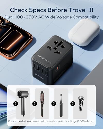 MOMAX 70W GaN Universal Travel Adapter, All-in-One Travel Charging - color: Black, size: 70W