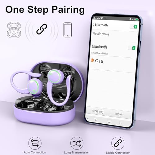 Matast Wireless Earbuds, Bluetooth 5.4 Headphones Sports, 45H Playback Over-Ear Buds with ENC Noise Cancelling Mic, HiFi Stereo Fitness Earphones with Earhooks, IP7 Waterproof Headset - color: Purple
