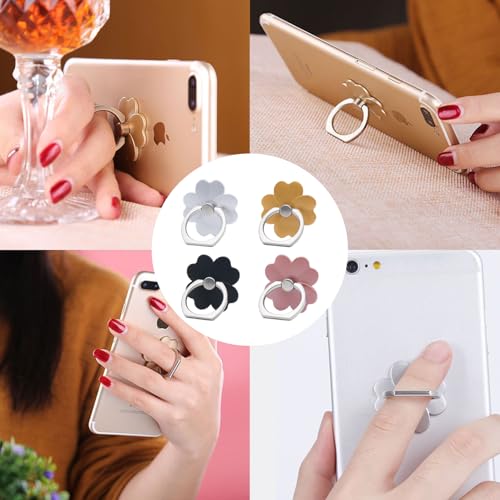 4 PCS Cell Phone Ring Holder, Flower Cell Phone Ring Stand 360 Rotate and 180°Angle Adjustable Metal Finger Rings Socket Kickstand for Smartphones(Four Leaf Clover)