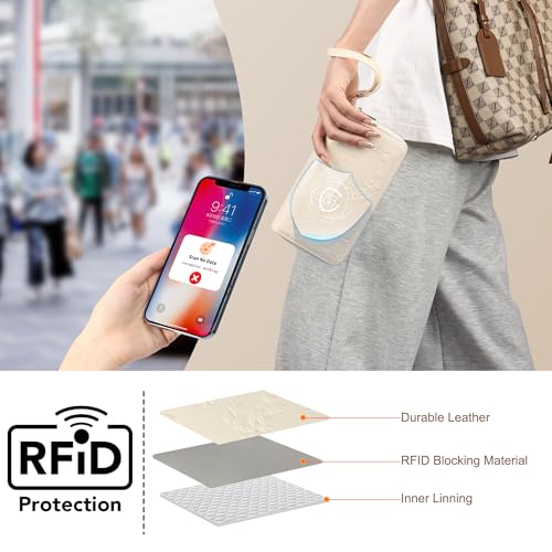 yiijay Womens Wallet RFID Blocking Large Capacity Vegan Leather Double Zip Wristlet Wallet Card Holder Travel Ladies Clutch - color: Beige