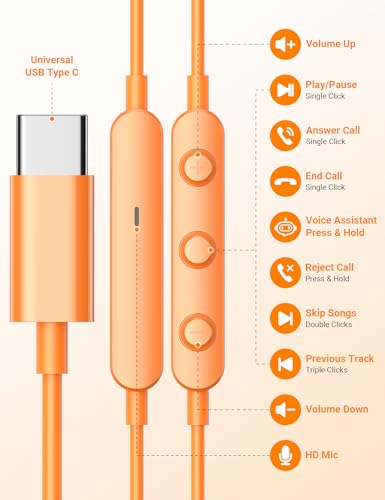 USB C Earbuds with Microphone Cute in Ear Wired Headphone - color: Orange Grey