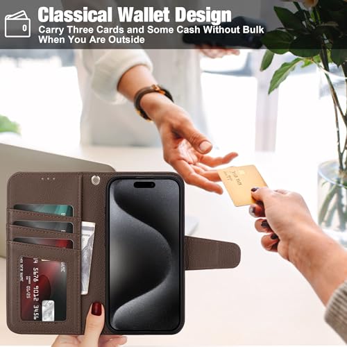 Arae Compatible with iPhone 15 Pro Case with Card Holder and Wrist Strap Wallet Flip Cover for iPhone 15 Pro 6.1 inch Men RFID Blocking Wristlet Kickstand,Litchi Brown - color: Litchi Brown, size: iPhone 15 Pro 6.1 inch