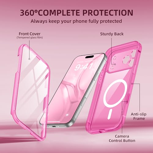 BERFY for iPhone 17 Pro Case, Compatible with MagSafe, Built-in Glass Screen Protector, Camera Protection, Shockproof Full Body Phone case 6.3", Clear Bright Pink