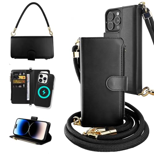 for iPhone 16 Pro Max 2-in-1 Magnetic Crossbody Wallet Case + Wrist Strap | Wireless Charging After Wallet Removal, Detachable Crossbody/Wrist Straps, Landscape Stand, Card Holder and Zipper Pocket - color: Black, size: iPhone 16 Pro Max