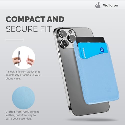 Wallaroo Premium Leather Cell Phone Wallet Stick On - Android and iPhone Wallet and Card Holder for Women and Men - Durable with Non-Slip Lining Secures Up to 3 Cards - color: Pastel Blue Leather