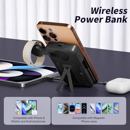Magnetic Portable Charger Built-in Cables,10000mAh Fast Charging Wireless Charger Station External Battery Pack Slim Pocket Size Power Bank with Stand Compatible with iWatch, iPhone - color: Black