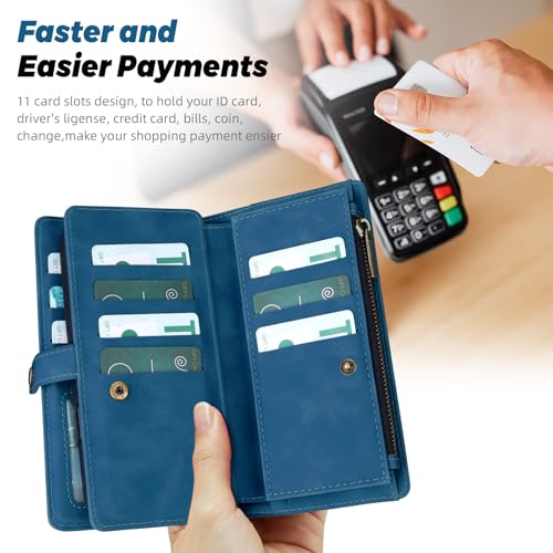 TwoHead for iPhone 11 Wallet case with 11 Card Holder (Navy Blue) | Detachable Magnetic Phone Case, PU Leather Wallet for Women/Men,Wireless Charging Compatible,with Wrist Strap - color: Navy Blue