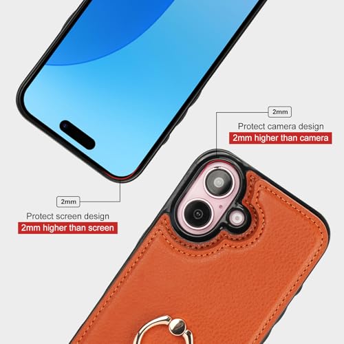 Folosu Compatible with iPhone 16 Case Wallet with Card Holder, 360°Rotation Finger Ring Holder Kickstand, RFID Blocking Leather Protective Double Buttons Shockproof Cover 6.1 Inch Brown - color: Brown