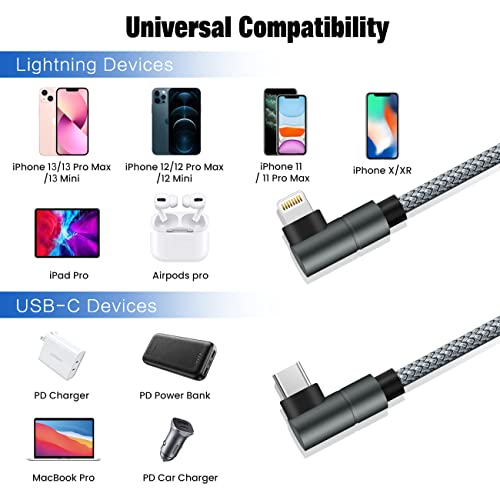 USB-C to Lightning Cable 10ft 90 Degree MFi Nylon Braided Cord - size: 10 FT