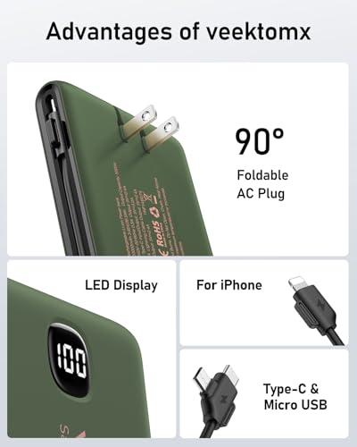 VEEKTOMX 10000mAh Portable Charger with Built-in Cables & Wall Plug - color: Dark Green