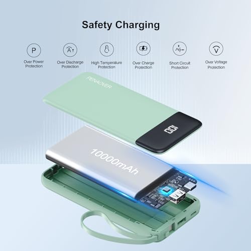 Portable Charger Built-in Cables,10000mAh Fast Charge Power Bank for iPhone - color: Green