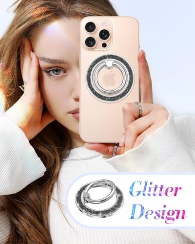 Phone Ring Holder Compatible with MagSafe - Magnetic Cell Phone Grip for Women Cute Magnet Removable Finger Ring Grip Stand Glitter Shine for iPhone 17 16 15 14 13 Pro Max Plus, Black - color: Black