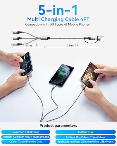 5 in 1 Multiple Charging Cable,USB A/C Universal Charger Cable - size: 2 PACK