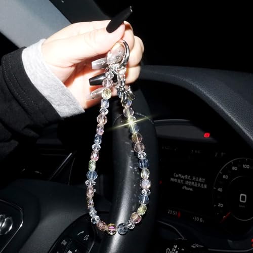 Sparkle Crystal Pearl Phone Wrist Strap for Women, Sparkling Beaded Cellphone Lanyard Chain - color: Pink+blue