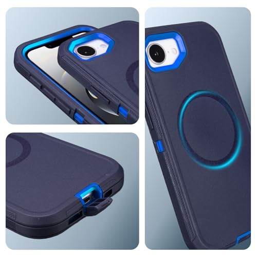 Phone Case for iPhone 16e Magnetic Case with Clip & 360°Rotating Kickstand | Compatible with MagSafe, Heavy Duty Drop Protection, Rugged Shockproof Protective Case for iPhone 16e Case with Kickstand - color: Navy+Blue