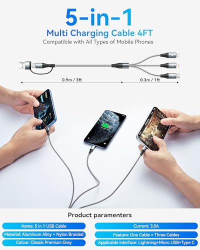 5 in 1 Multi Charging Cable, USB A/C Multiple Charging Cords for All Device