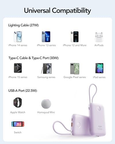 VIYISI Portable Charger 20000mAh 30W with Built-in Cables, Purple - color: Purple
