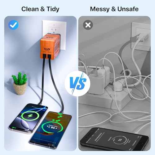 2 in 1 Retractable Gan Wall Charger with Dual Cables, Fast Charging 45W Retractable Phone Charger Wall Plug with 2 Charging Cable, USB C Chargers Block for iPhone 17 16 15 14 13, LG,Pixel - color: Orange
