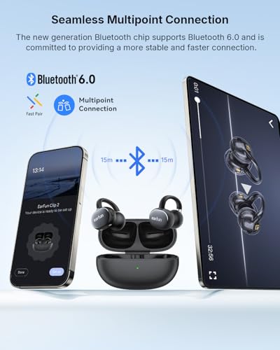 EarFun Clip 2 Open Ear Earbuds, Clip On Headphones, AI Translation Earbuds - color: Black
