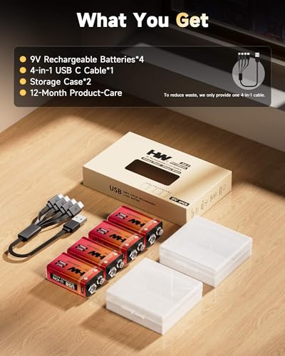 HW 9V Batteries 1400mAh 4 Pack, USB-C Lithium for Smoke Detectors - size: 4-Pack