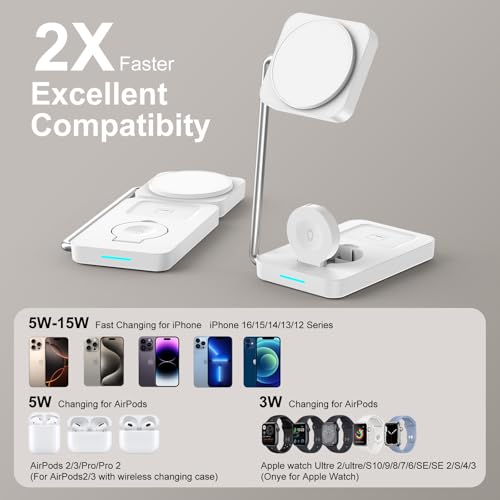 3 in 1 Wireless Charging Station, PD20W Foldable Magnetic Wireless Charger for Apple Devices iPhone 12-16 Series Apple Watch AirPods Pro (White)