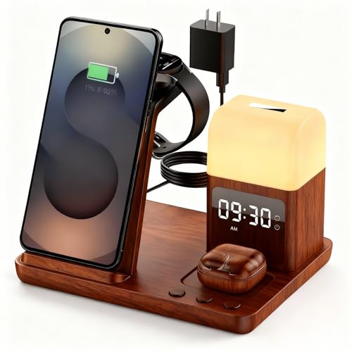 Wireless Charger for Samsung Charging Station with Digital Clock-Alarm - color: Walnut