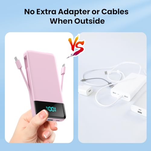 Portable Charger for iPhone with Built in Cables and Wall Plug,Upgraded 13800mAh Fast Charging USB C Power Bank,4 Outputs Travel Essential Battery Pack Compatible with iPhone 17/16/15/14,Galaxy-Pink - color: Pink