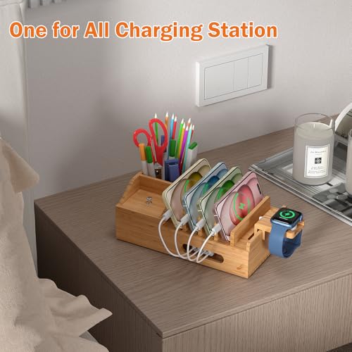 Bamboo Charging Station for Multiple Devices with USB Charger, 5 Cables - color: Style 2