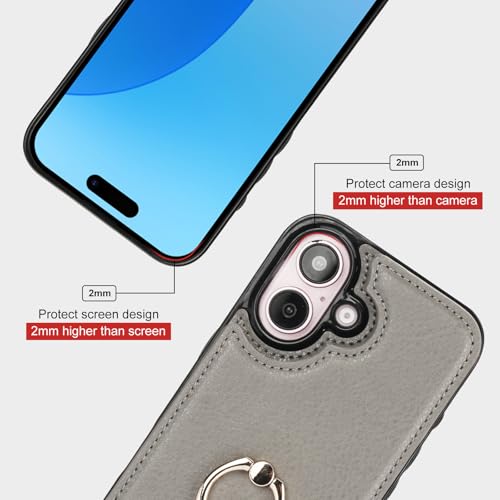 Folosu Compatible with iPhone 16 Case Wallet with Card Holder, 360°Rotation Finger Ring Holder Kickstand, RFID Blocking Leather Protective Double Buttons Shockproof Cover 6.1 Inch Gray - color: Gray