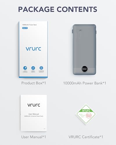 VRURC Portable Charger Built-in Cables and AC Wall Plug, USB C Power Bank 10000mAh, Travel Battery Portable Phone Charger Compact Lightweight External Battery Pack for Smart Phones, Tablets etc-Grey - color: Grey