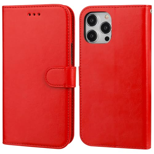 Bocasal Detachable Wallet Case Card Holder for iPhone 15 Pro Max Red | RFID Blocking Kickstand Card Slots Holder PU Leather Magnetic Shockproof Wrist Strap Removable Flip Protective Cover 6.7 inch - color: Red